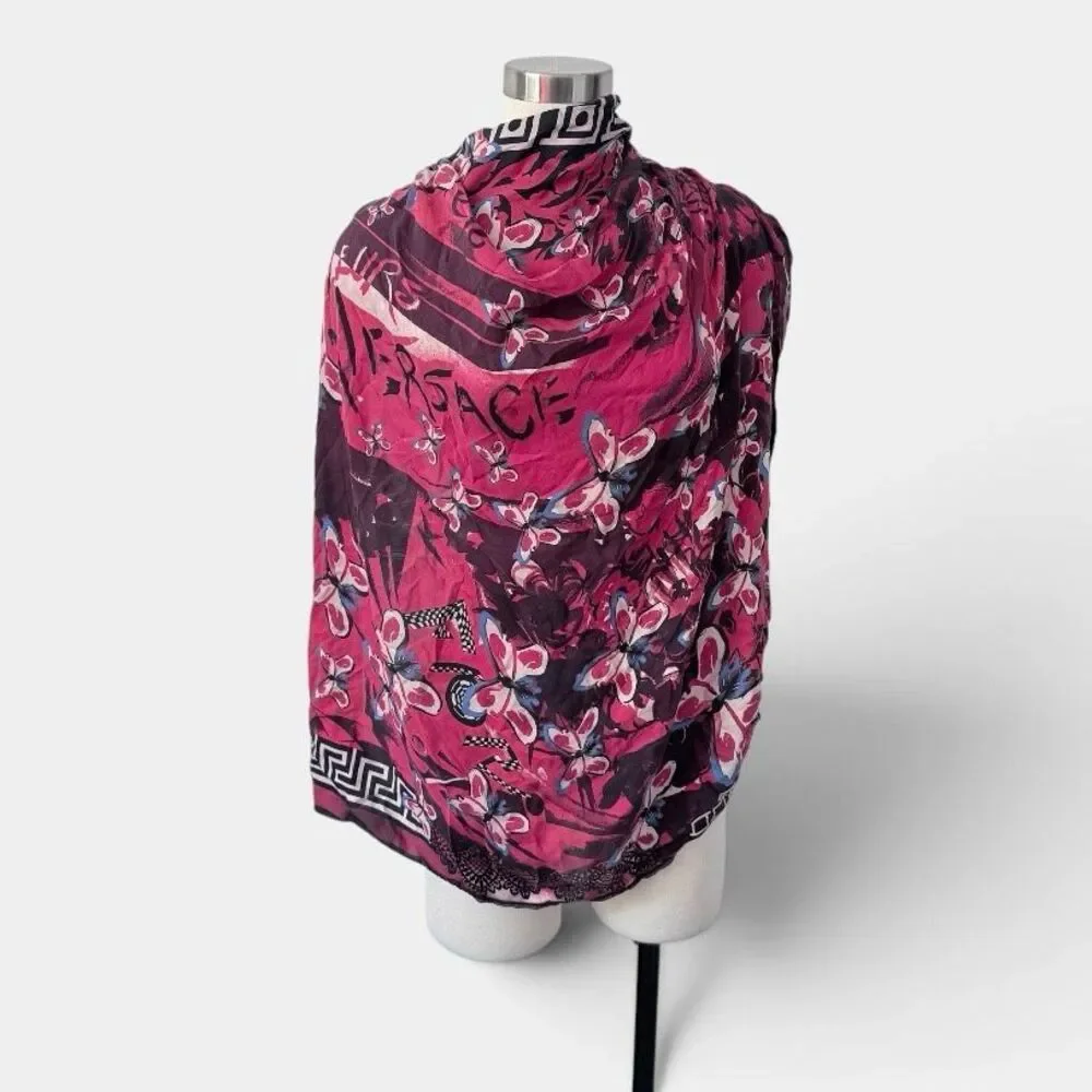Fleur Red Checkered Butterfly Watercolor Scarf Floral Burgundy Black Art